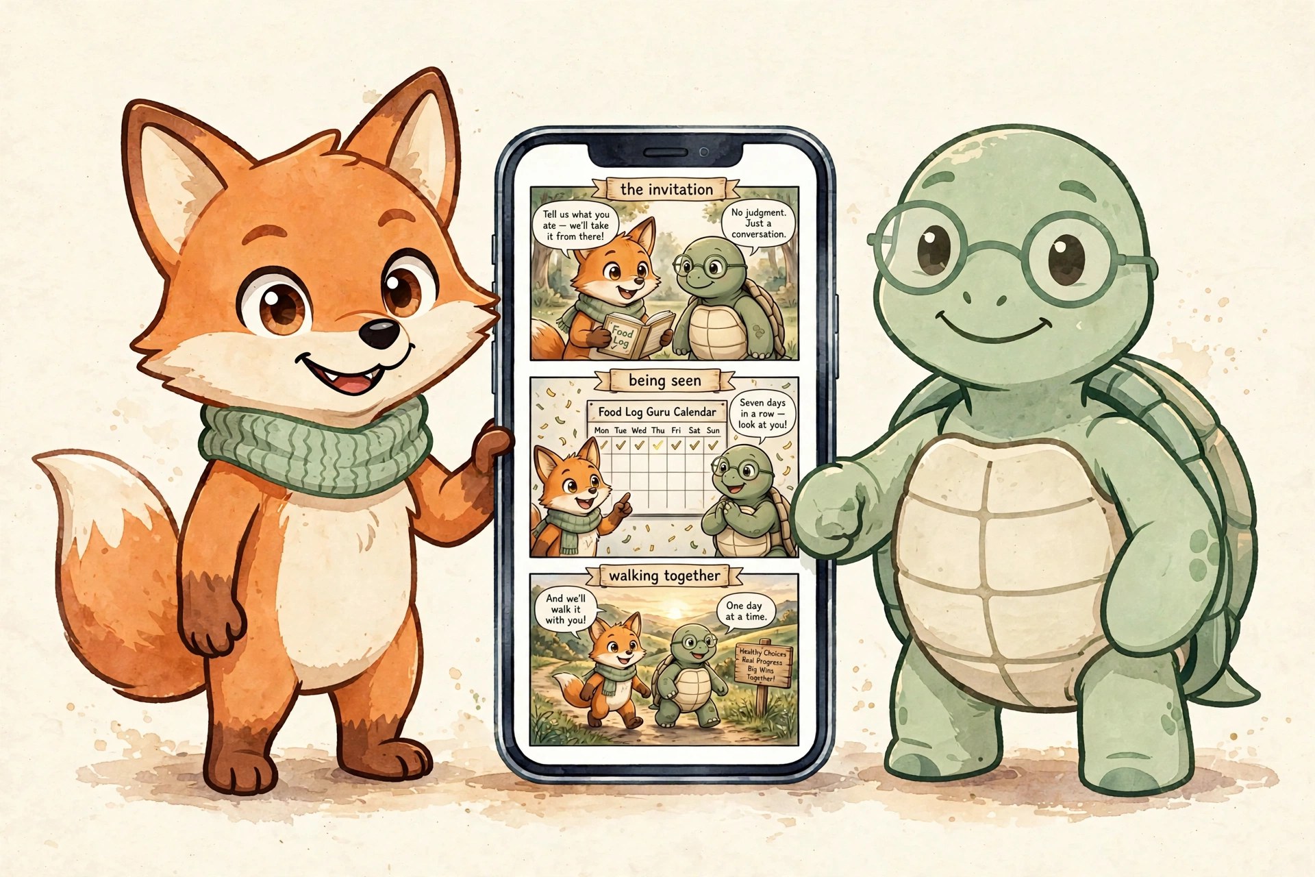 Echo and Sage holding a phone showing the DiaLoss story — the invitation, being seen, and walking together